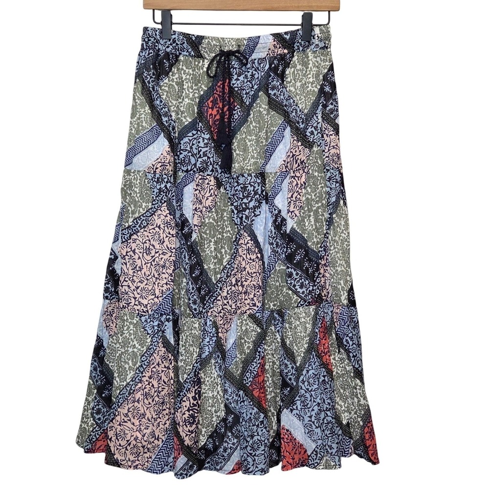 Laura Scott Patchwork Paisley Tiered Cotton Midi Skirt Boho Womens Small‎